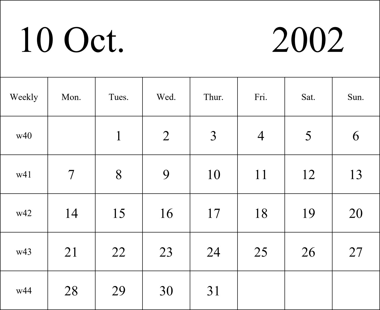 日历表2002年日历 英文版 纵向排版 周一开始 带周数